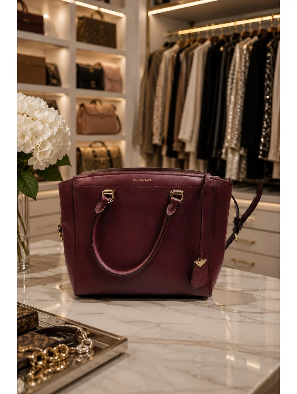 👜MICHAEL KORS BENNING LARGE LEATHER SATCHEL BURGUNDY GOLD HARDWARE SHOULDER BAG